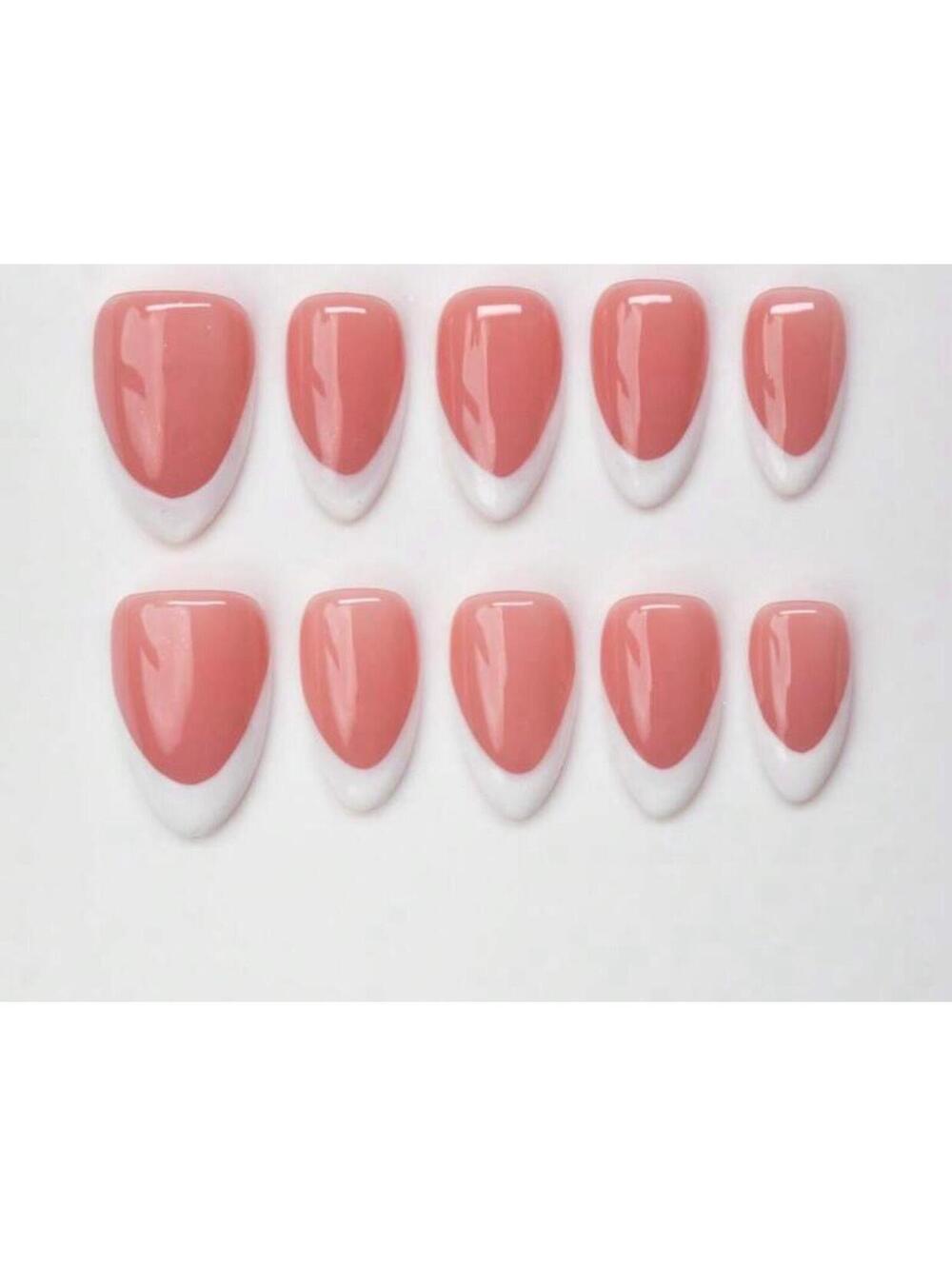 Extra Short almond Press on nails white French tips nude handmade custom gel